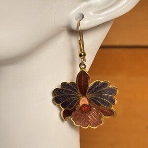 VINTAGE 80'S CLOISONNE LOTUS ORCHID STYLE FLORAL  EARRINGS BEAUTIFUL ENAMEL B2
